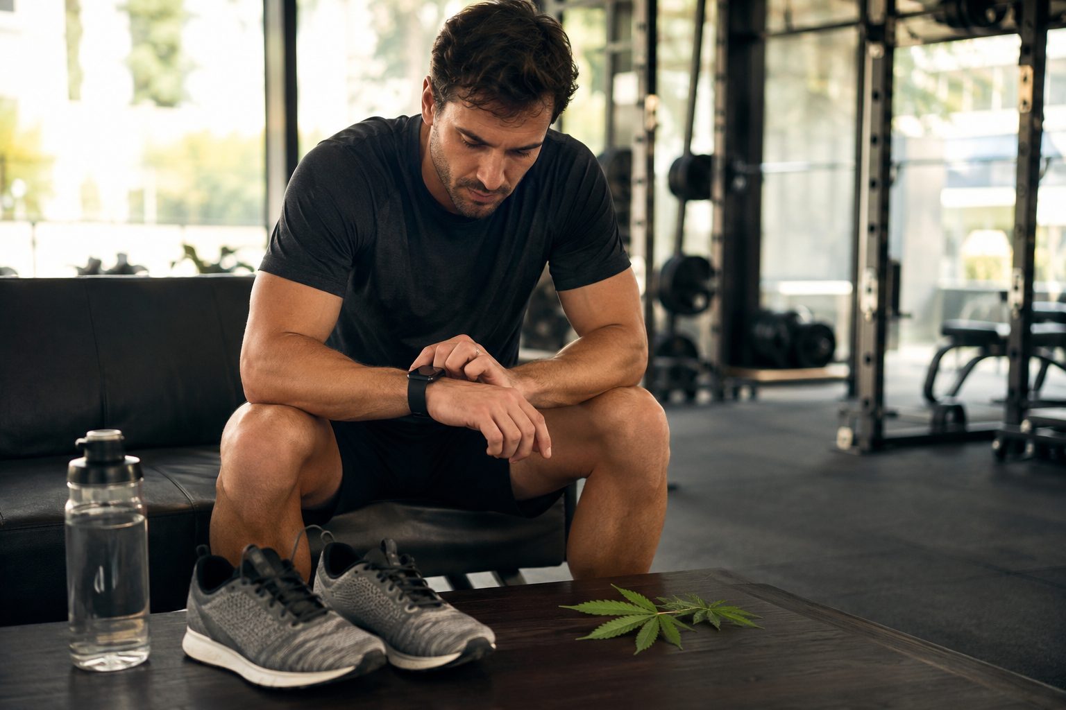 Deportista adulto revisando sus métricas tras entrenar junto a una hoja botánica