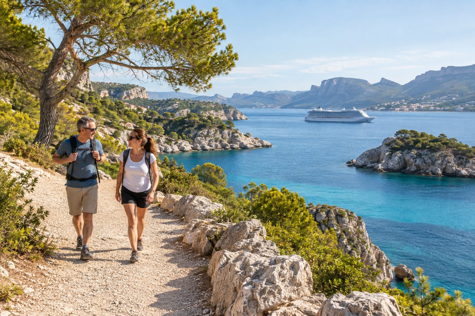 Dos senderistas recorren un camino costero mediterráneo con un crucero al fondo de la bahía.