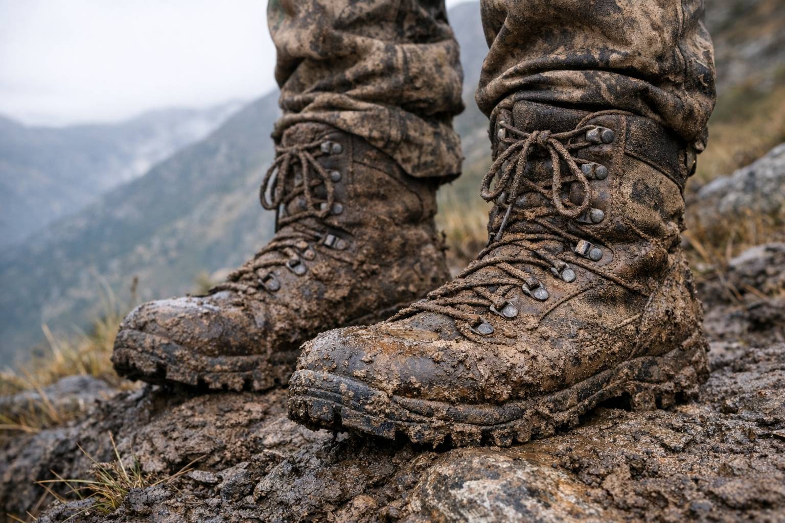 Unas botas de caza en primer plano, que se note que las lleva puestas una persona, en la montaña, manchadas de barro por haber estado trabajando durante la jornada, pero NO incluyas ningún arma.